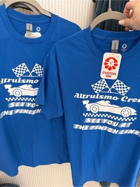2 for 1 Royal blue graphic T-shirt, racing crew shirt. L ptp 22”